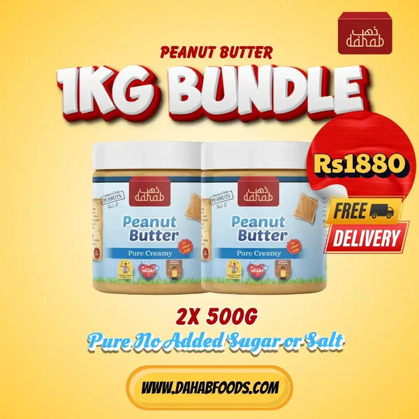 1 KG of pure creamy peanut butter made in Pakistan with the best price in the local market. This is premium quality peanut butter. Includes two jars for the convenience use.