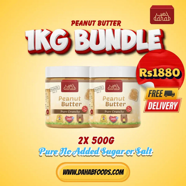 Two jars of peanut butter with total of 1 KG, pure peanut bundle with no sugar and no salt. Made in Pakistan for local market best rate.