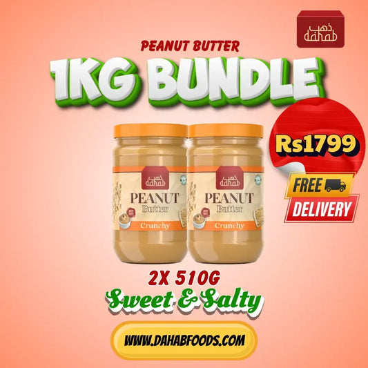 1KG in total, with two jars 510g each of peanut butter crunchy. Made in Pakistan, best offer price from Dahab Foods.