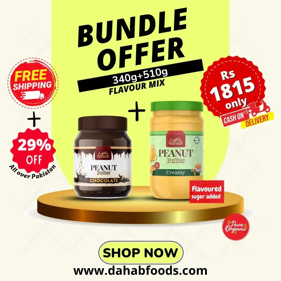 Chocolati Peanut Butter 340g + Regular Creamy Peanut Butter 510g added sugar - Dahab Foods (Private) Limited Pakistan. Children love the taste of protein rich peanut butter. Best for school lunch and afternoon snacks. Breakfast is incomplete without peanut butter