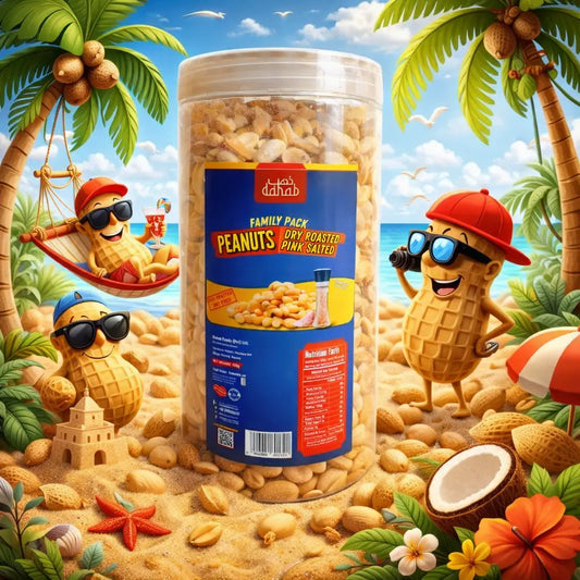 Dry roasted, pink salted, peanuts for everyday healthy munching. Ready to eat, slightly saltish. Family pack for good family time. Made in Pakistan peanuts. 