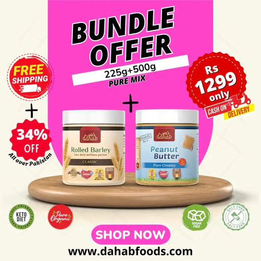 Rolled barley and pure peanut butter bundle offer by dahab foods pakistan. This is healthy choice for morning breakfast or afternoon snacking. 