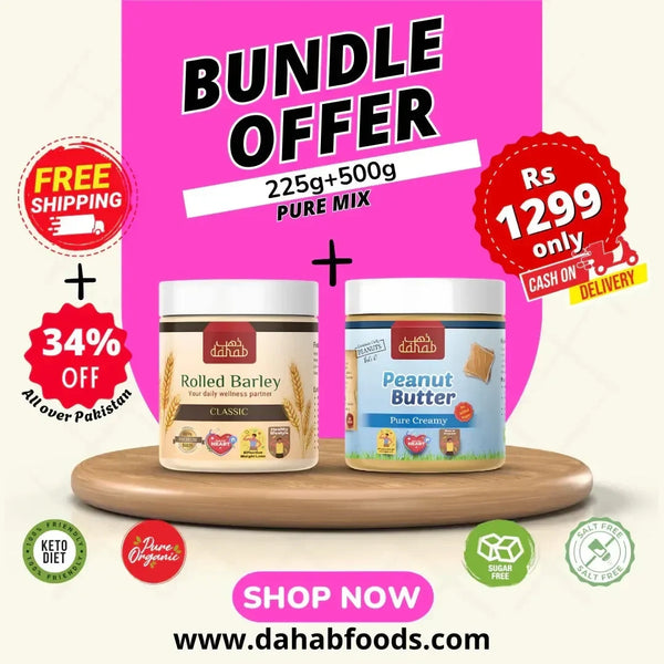 Rolled barley and pure peanut butter bundle offer by dahab foods pakistan. This is healthy choice for morning breakfast or afternoon snacking. 