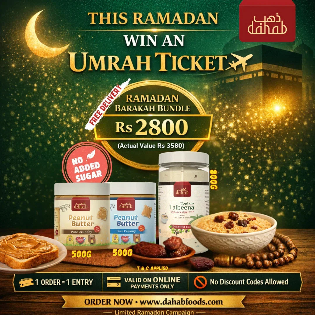 Ramadan offer with umrah ticket lucky draw, peanut butter and talbeena bundle made in Pakistan. Ramadan discount
